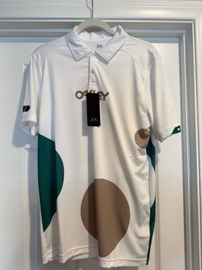 Oakley White Polo with Green and Brown Graphic Circles